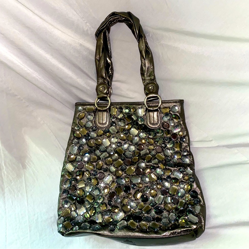 Kathy Van Zeeland Pewter Jeweled Purse Vegan Leather